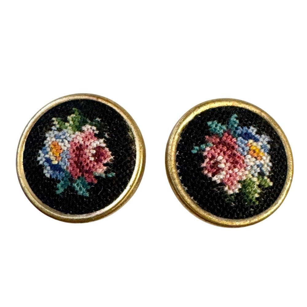 Vintage Floral Needlepoint Button‎ Earrings Gold Tone Round Colorful Women Italy